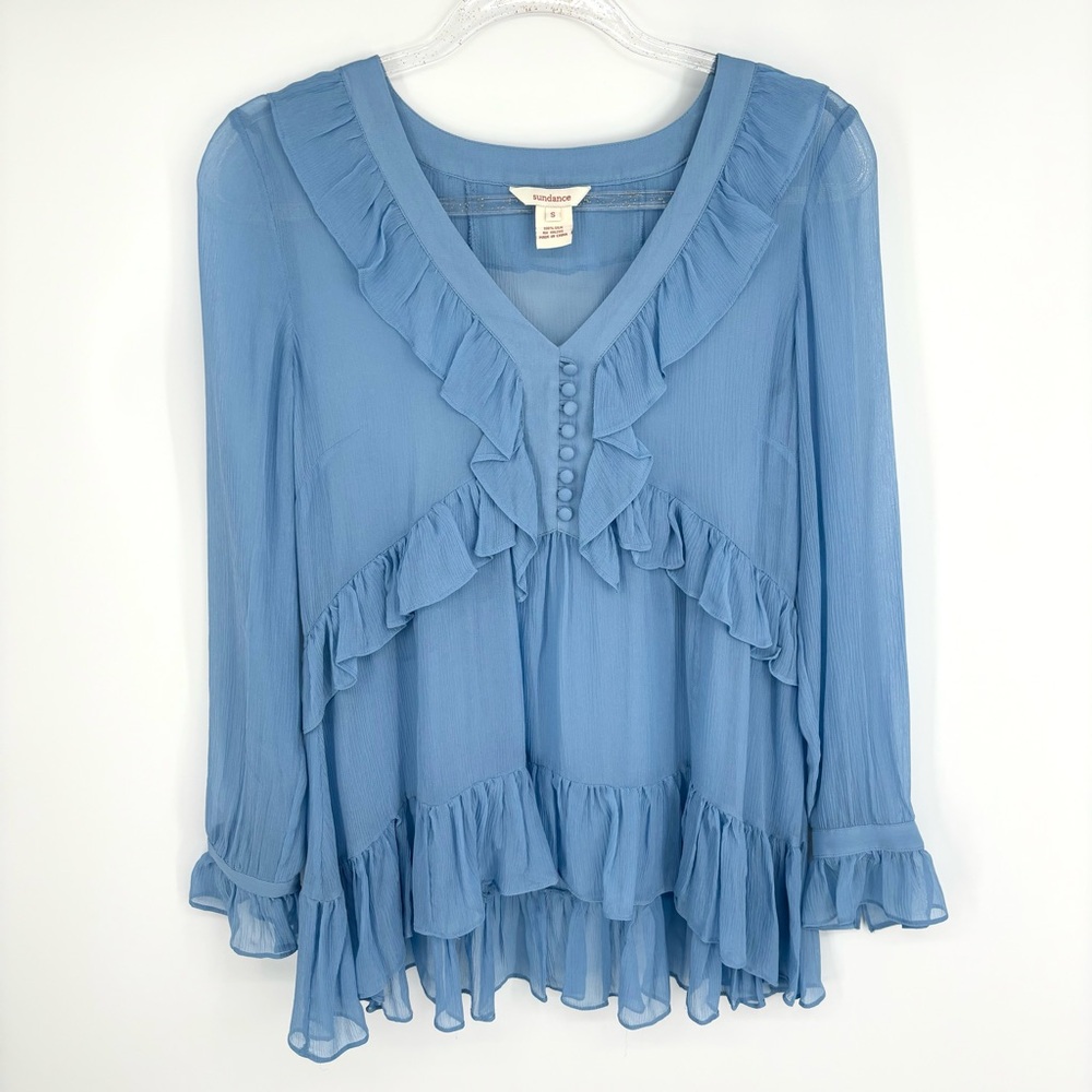 Sundance Blue Crepe Silk Ruffled Blouse Size Small